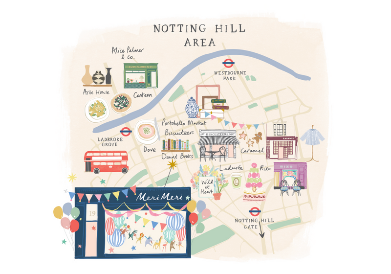 Whimsical illustrated Notting Hill area map highlighting shops and landmarks for the Party Edit article