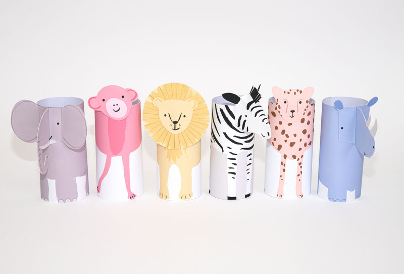 Row of colorful rolled paper safari animals with animal heads including elephant, monkey, lion, zebra, leopard and rhinoceros.