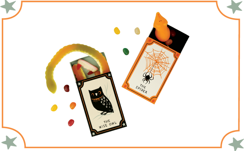 Two Halloween themed cards featuring an owl and a spider with candy and a curved yellow gummy worm.