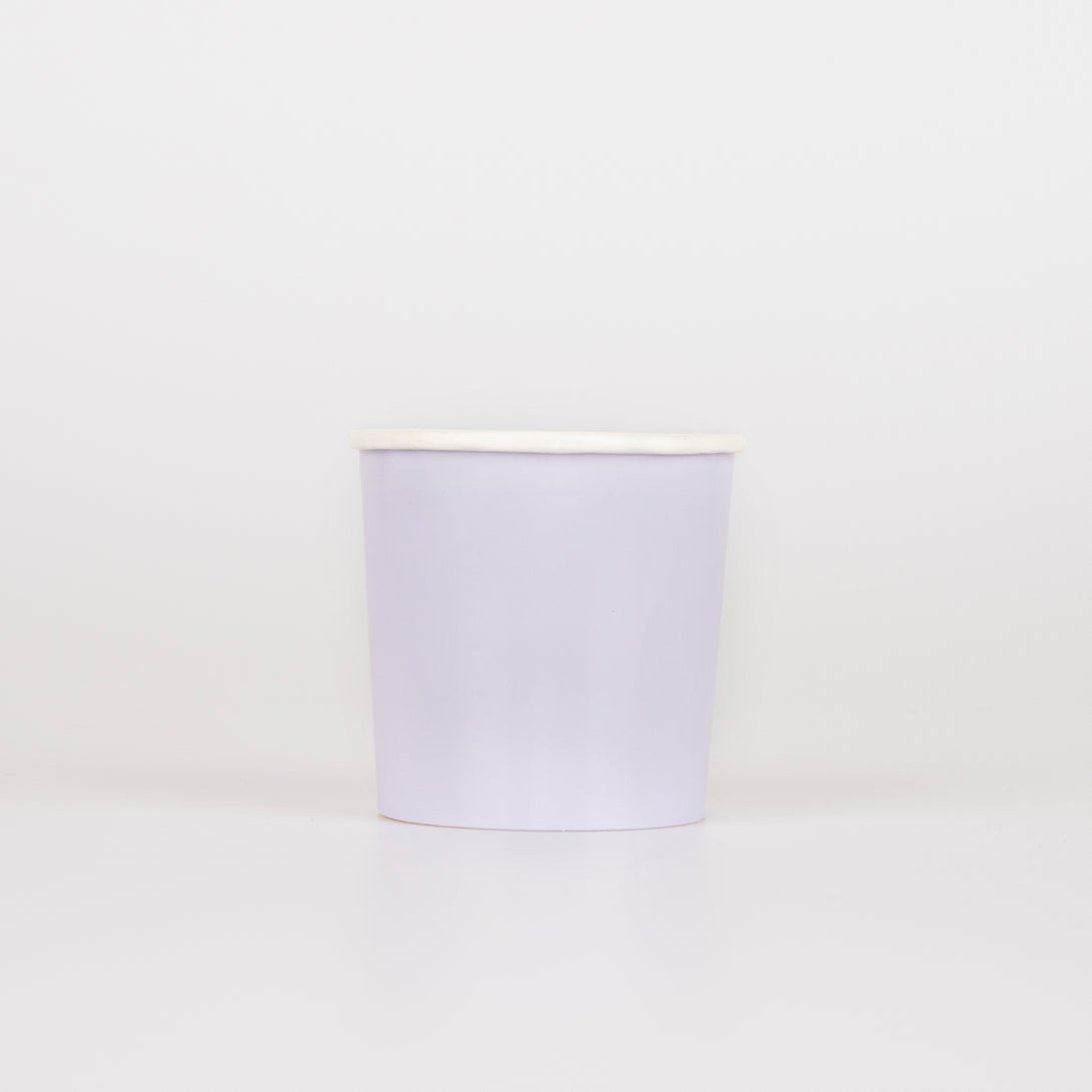 Our paper cups, in a light purple color, are perfect for a purple party.