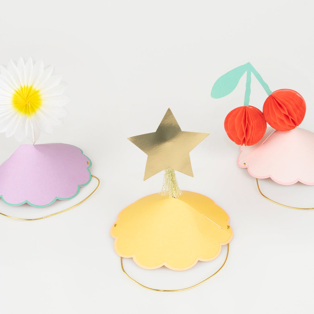Our party hats feature flowers, cherries and stars, perfect for any special party.