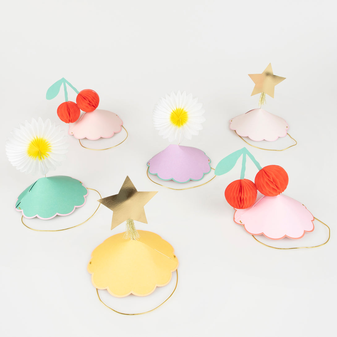 Our party hats feature flowers, cherries and stars, perfect for any special party.