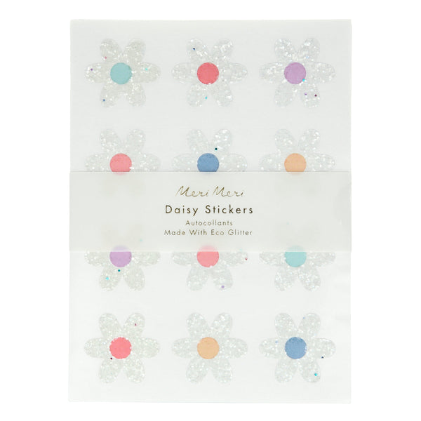 These glittery flower stickers have colorful centers and look amazing as notebook decorations.