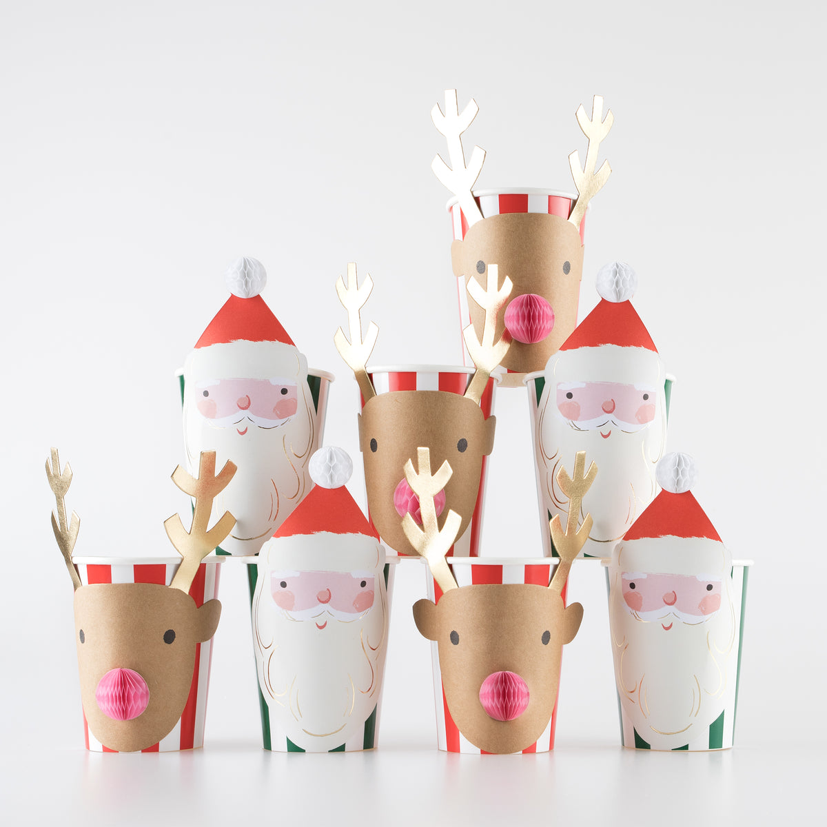 Christmas Paper Cups with White and Red Reindeer and Snowflakes