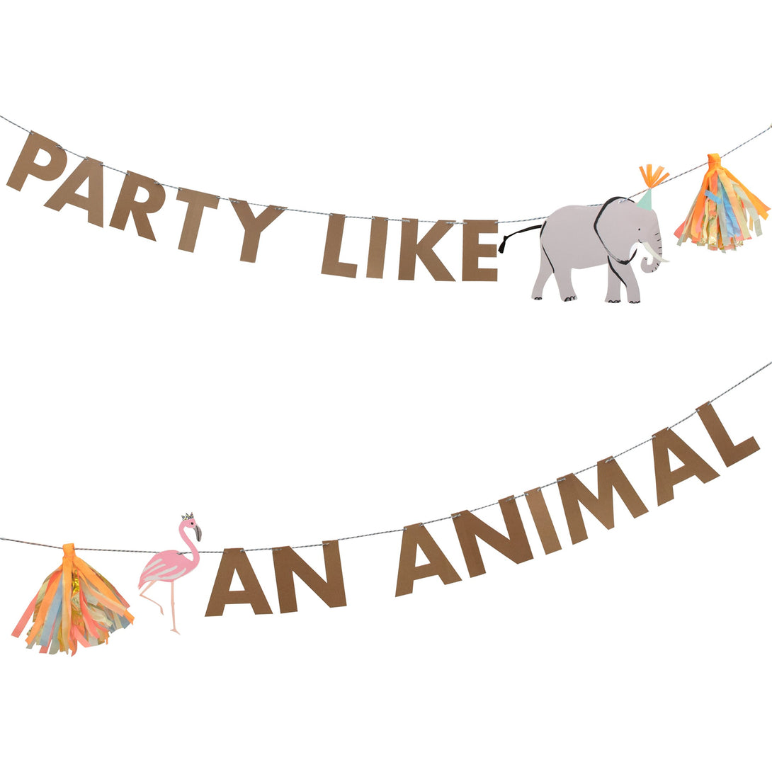 Our safari birthday party collection contains plates, party hats, cups. napkins and a party garland.