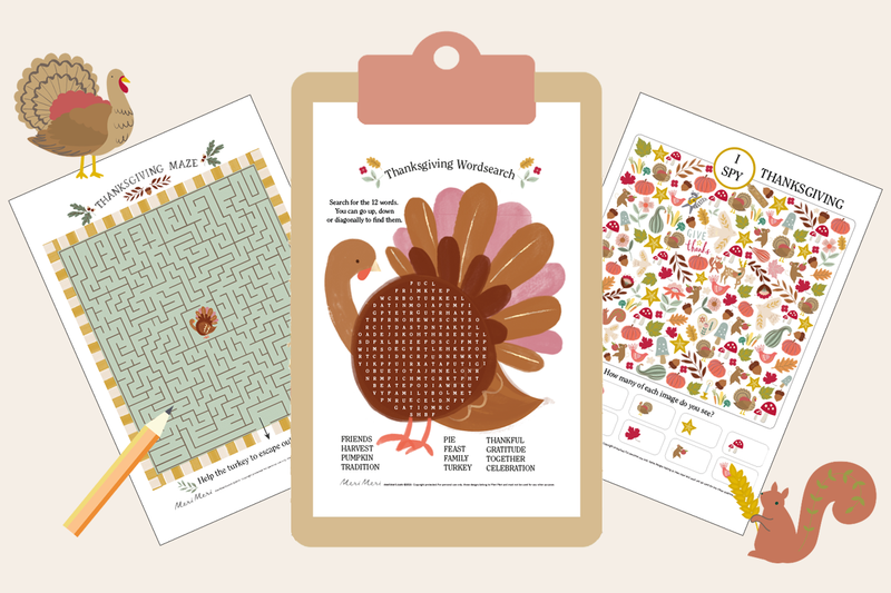 Three images of the downloadable Thanksgiving activities