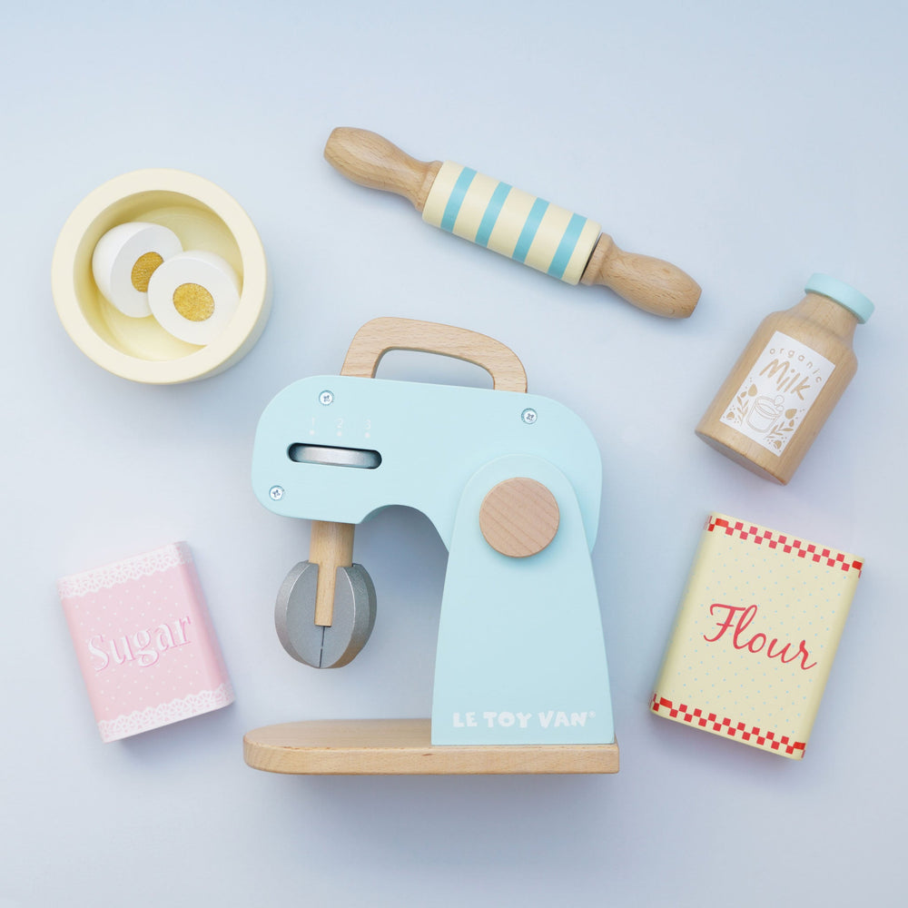 Blue wooden toy mixer with pretend flour and sugar