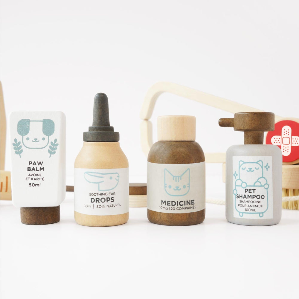 Wooden vet set pet care bottles