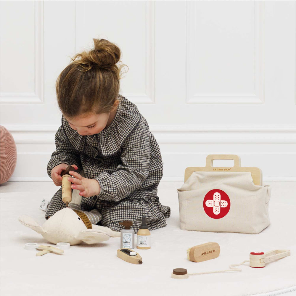 Vintage-style vet medical bag with tools