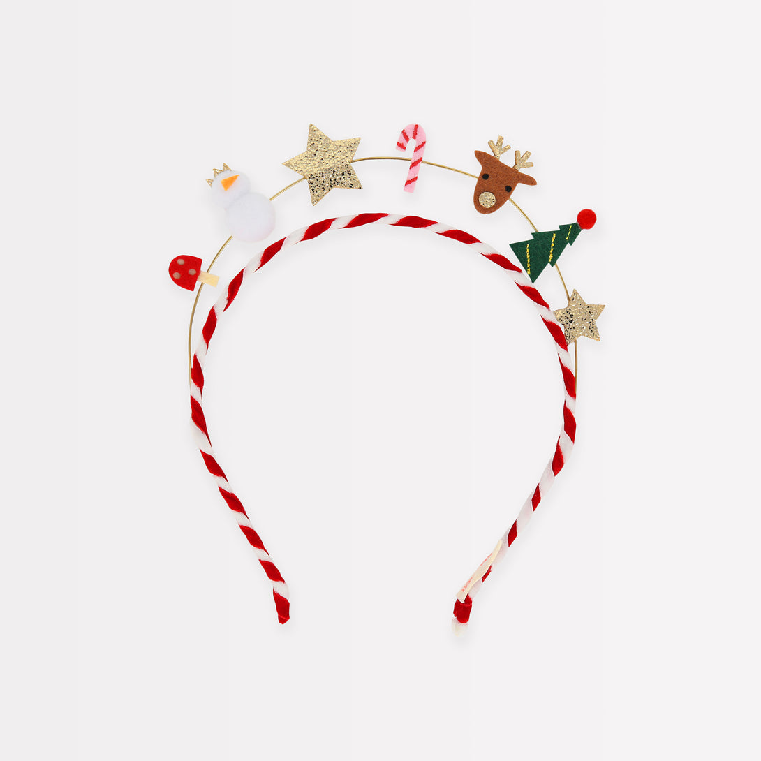 Make your Christmas hair look amazing with our festive headband with velvet ribbons and festive felt and leatherette icons.