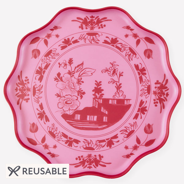 Our reusable plates are made from melamine, in a pretty pink shade with a botanical print transfer, ideal for garden parties and afternoon tea. Image1