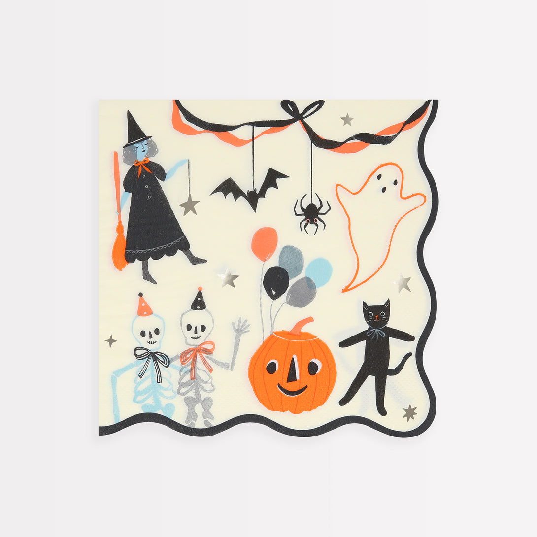 Make your Halloween party look amazing with our special set including a hanging Halloween decoration, plates, napkins and cups.