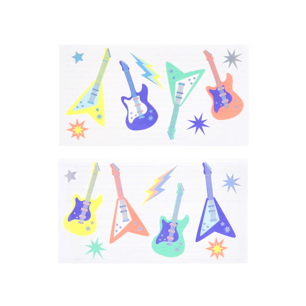 Our temporary tattoos for kids feature electric guitars and other rock party symbols, perfect as party bag gifts or party favors. For 3+. Image2