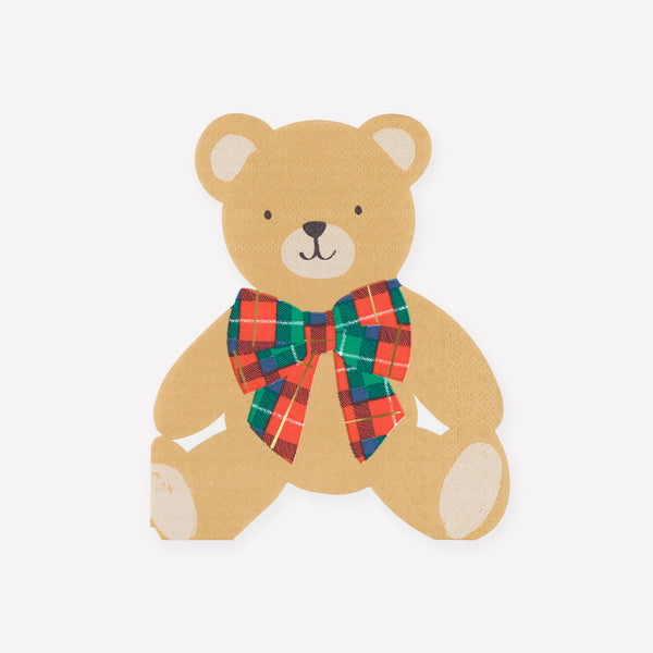 Our 3-ply paper Christmas napkins are made in the shape of an adorable teddy bear with plaid bow for a current yet timeless look. Image1