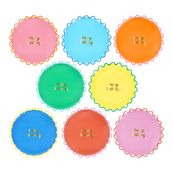 Our side plates are ideal as birthday party plates, featuring bright colors and a Happy Birthday message in shiny gold foil. Image1