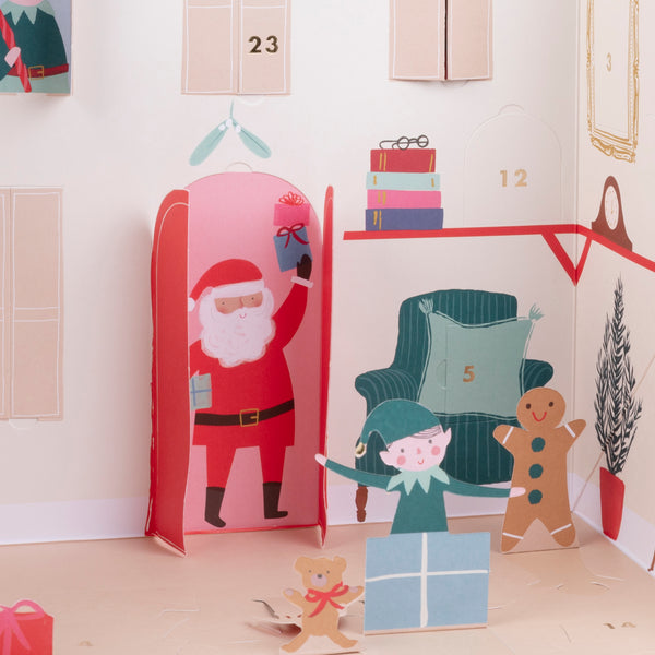 This paper doll house is designed as Santa's home, complete with his reindeer, elves, Christmas tree and gifts. Image2
