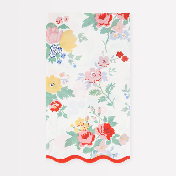 Our paper guest towels, with a vintage floral design and modern pops of red, will look special in a guest bathroom or on a party table.