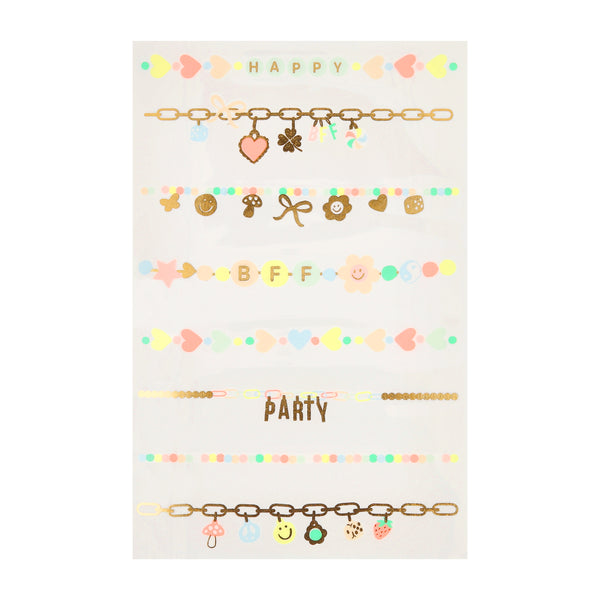 Our bracelet temporary tattoos feature charm designs in bright colors with shiny gold foil details for a stylish look, a great party activity. Image2