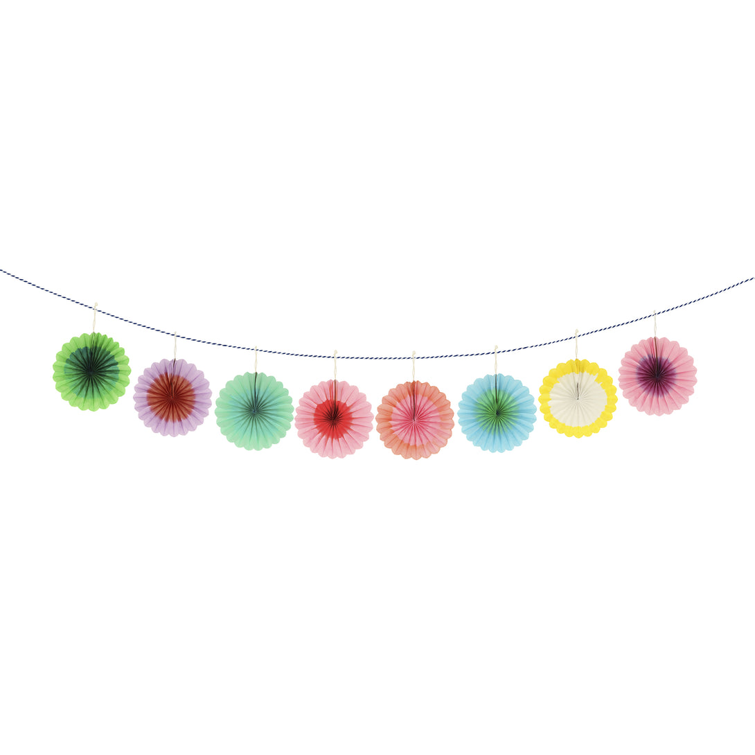 Our mini garland, with colorful honeycomb fans, is perfect to add decorations to any party.