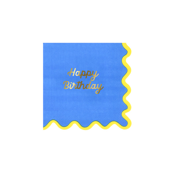 Our birthday napkins, made from paper in a small size, feature four bright colorways, a ricrac style edge, and a shiny gold foil Happy Birthday. Image4