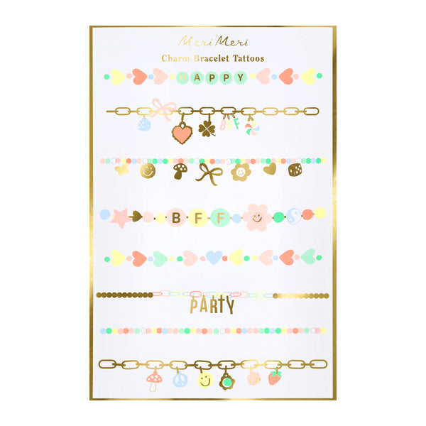 Our bracelet temporary tattoos feature charm designs in bright colors with shiny gold foil details for a stylish look, a great party activity. Image1