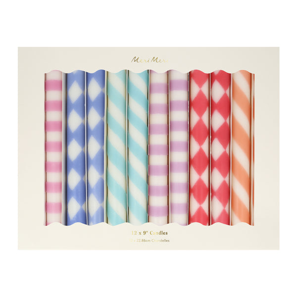 Add color and style to a table setting with a table candle. Our set of 12, in 6 colors and designs, is a wonderful candle gift too. Image4