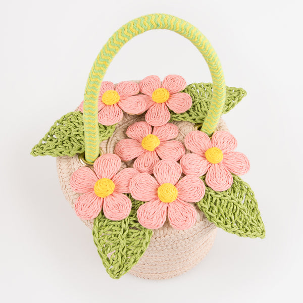 Our woven paper pink basket bag features paper flowers and leaves, a cord handle and a calico lining. Image3