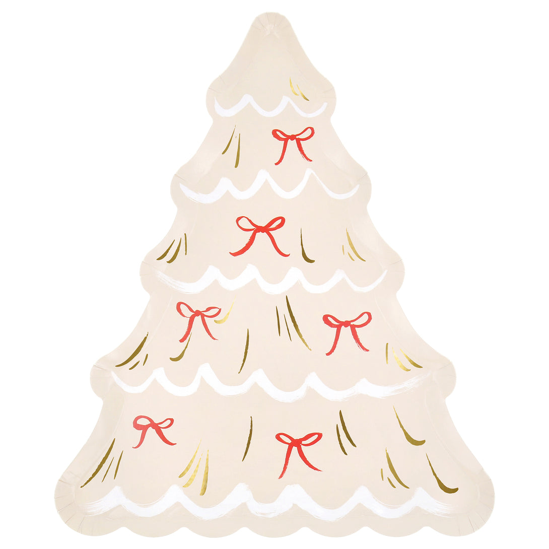 Our disposable Christmas plates, in the shape of Christmas trees with bows and gold foil details, will look amazing on your party table. Image7