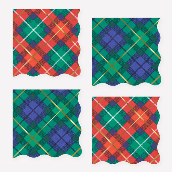 Our Christmas napkins, made from 3-ply paper, features plaid designs in seasonal colors with shiny gold foil, great for drinks and meals. Image1