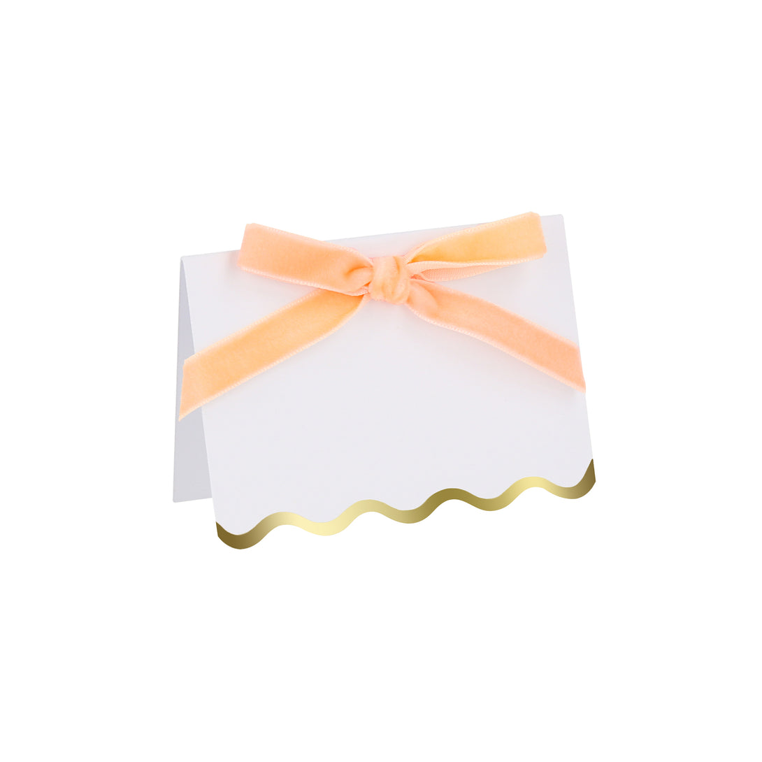 Use our luxury place cards with velvet bows in pastels colors, and shiny gold foil scalloped borders, for special meals like baby showers.