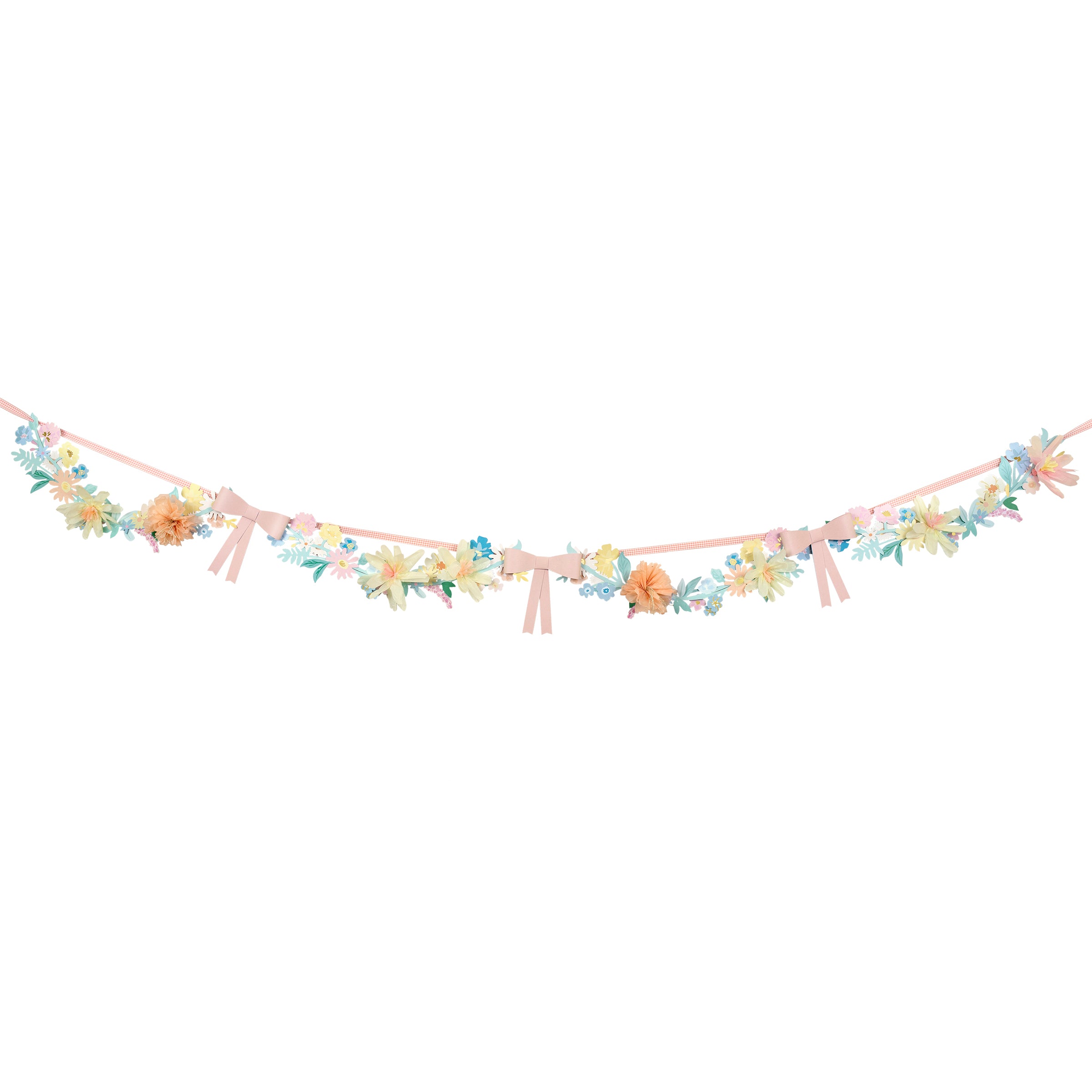 Our paper garland, featuring flowers and bows, is the perfect baby shower garland or Easter garland.