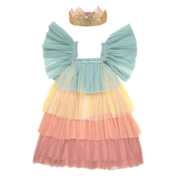 This princess costume for kids is made from colorful tulle layers and comes with a gold princess crown. Image9