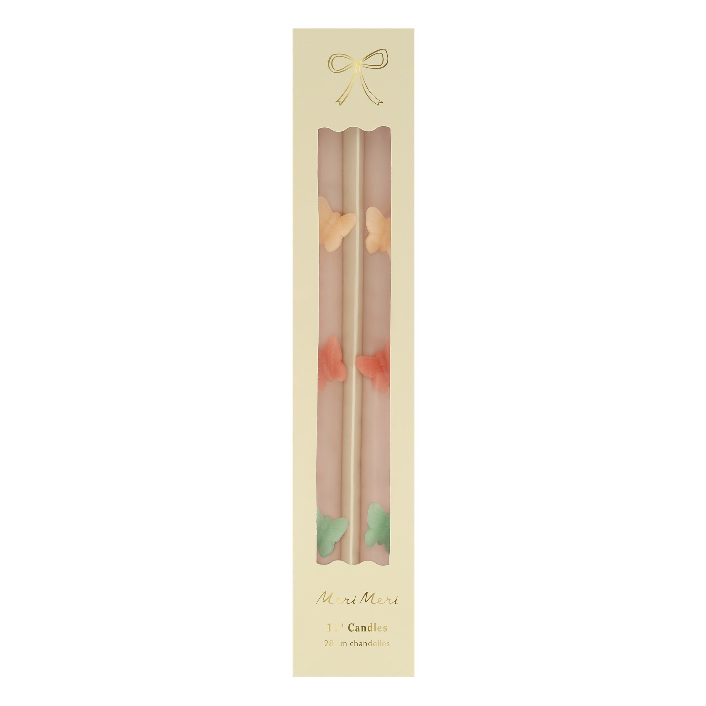 Our tall candles, in pink with colored wax butterflies, are perfect as princess party candles or fairy party candles.
