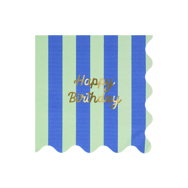 Our large striped party napkins have the words Happy Birthday on them in shiny gold foil. Image1