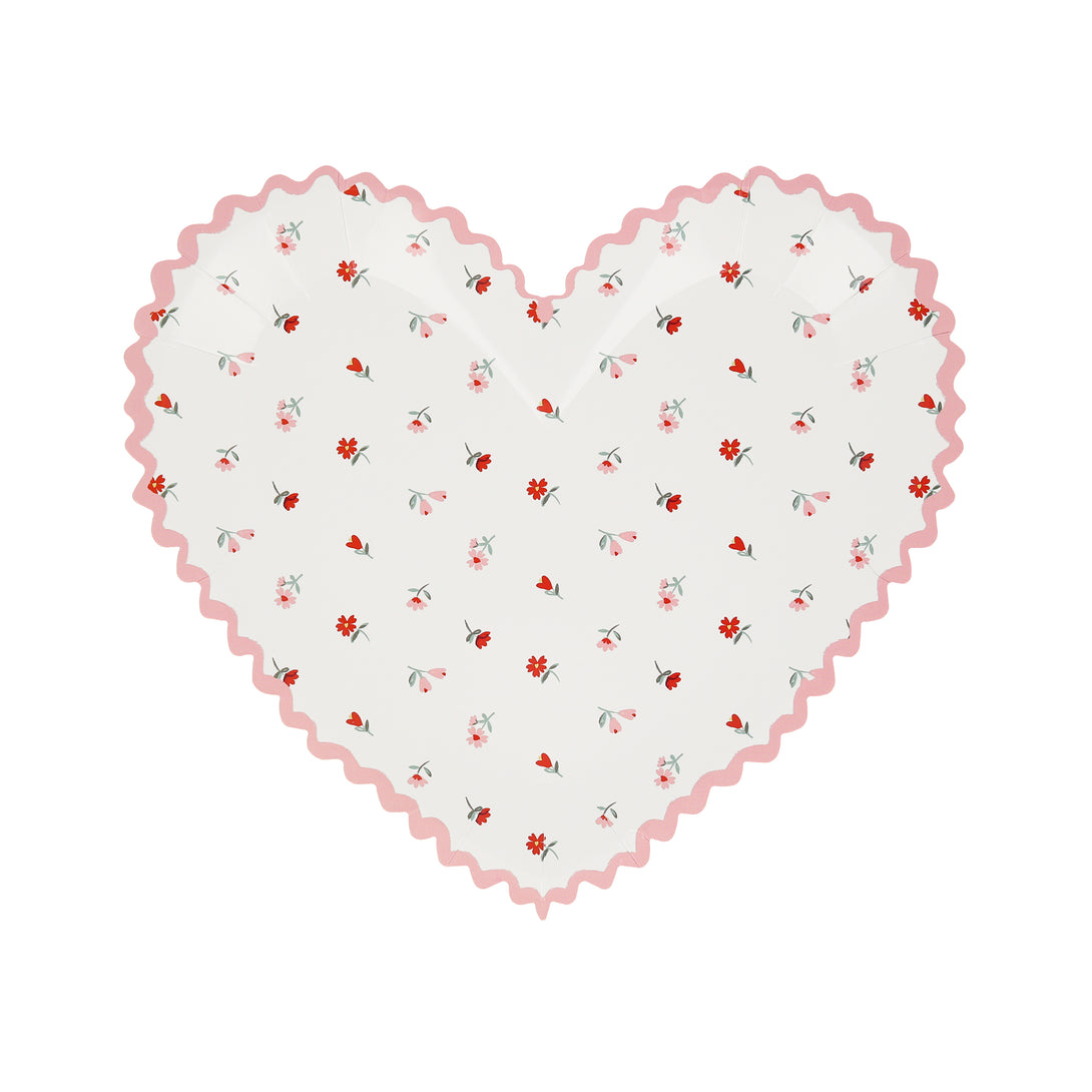 Our pink and red Valentine's plates are heart-shaped and have a pretty floral design.