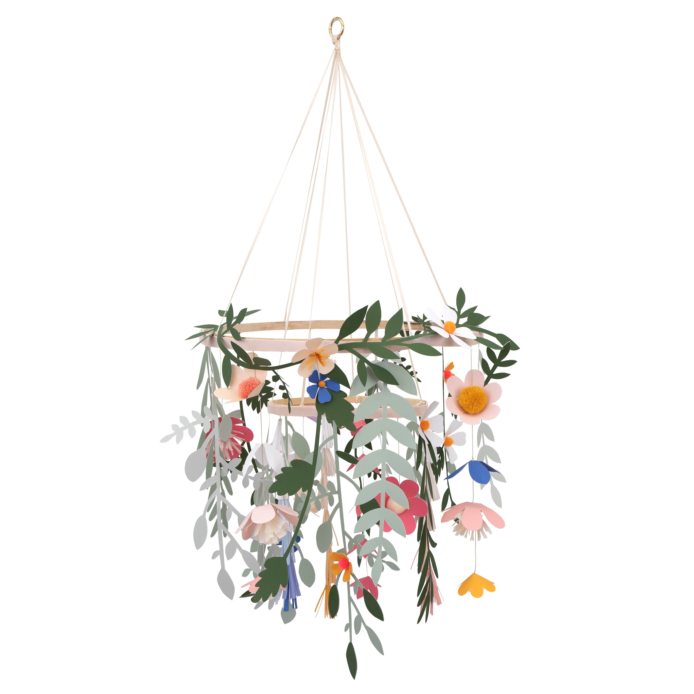 Our beautiful paper chandelier is crafted from paper flowers and leaves and wooden hoops.