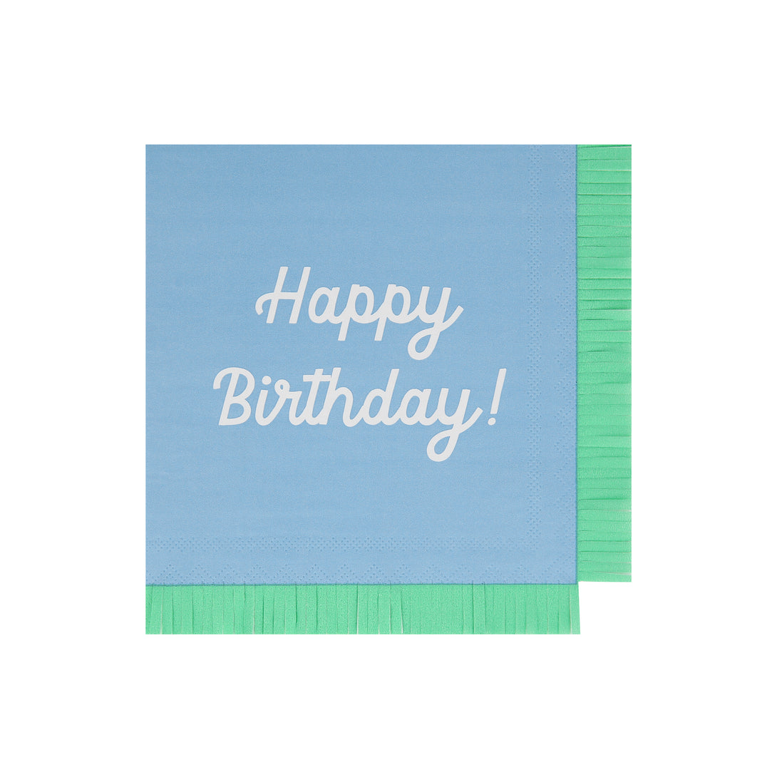 Our paper birthday napkins are made in bright colors with the words Happy Birthday on them.