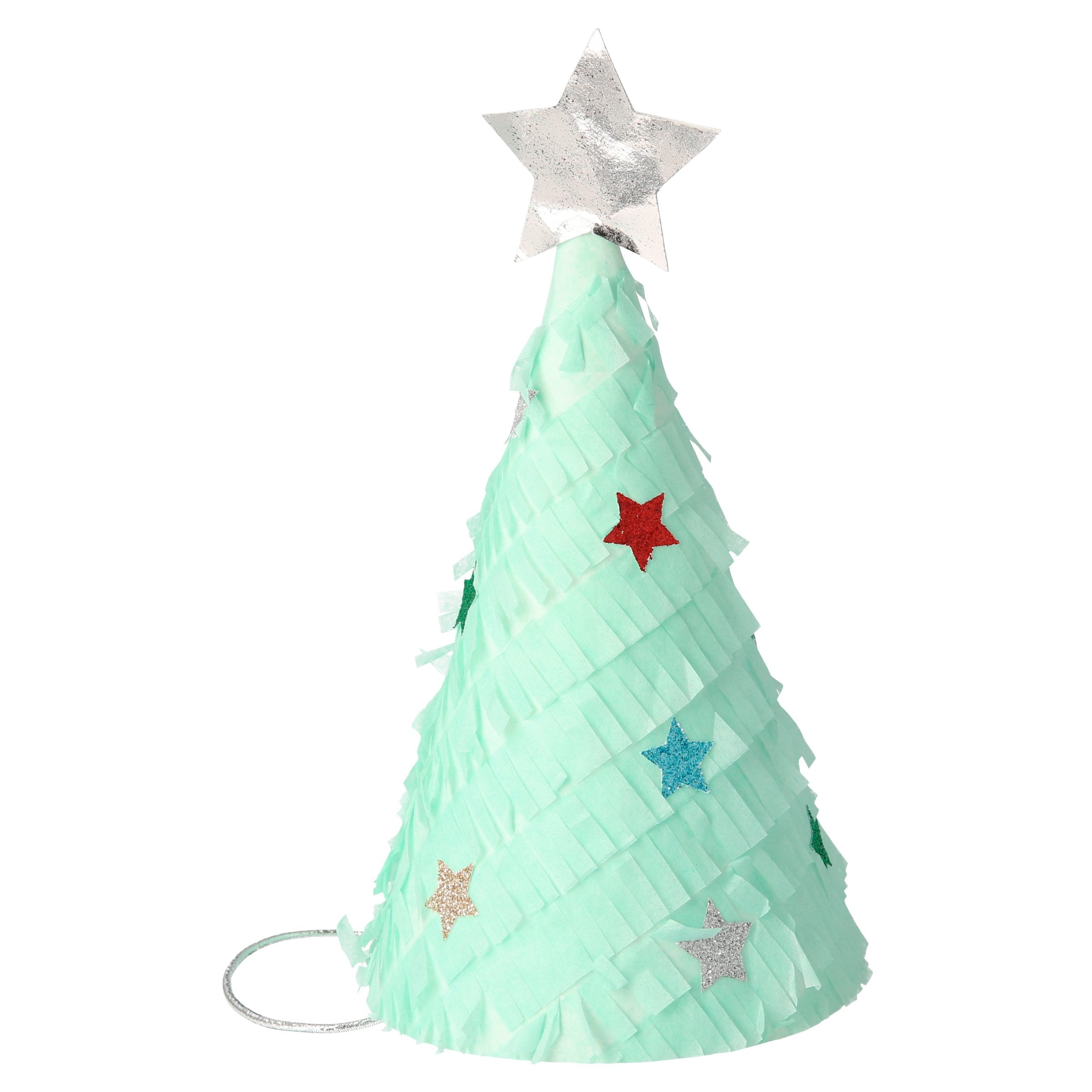 Our fun Christmas party hats look like Christmas trees covered in stars.