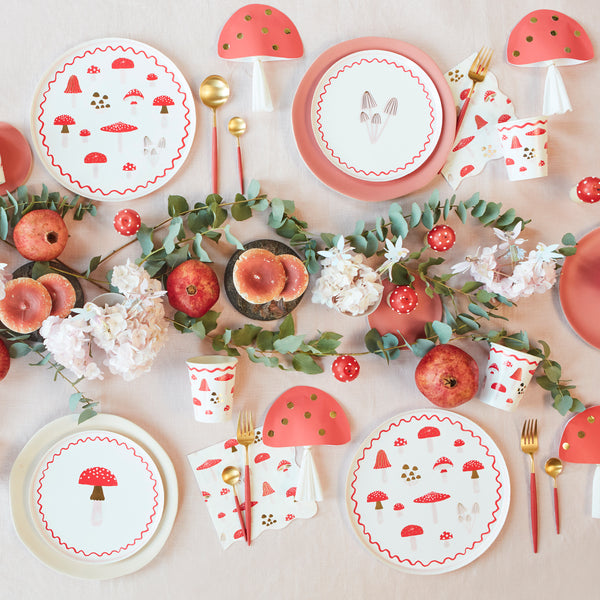 Our Christmas paper plates feature mushroom in festive red and white with stylish modern pink and gold foil details. Image2
