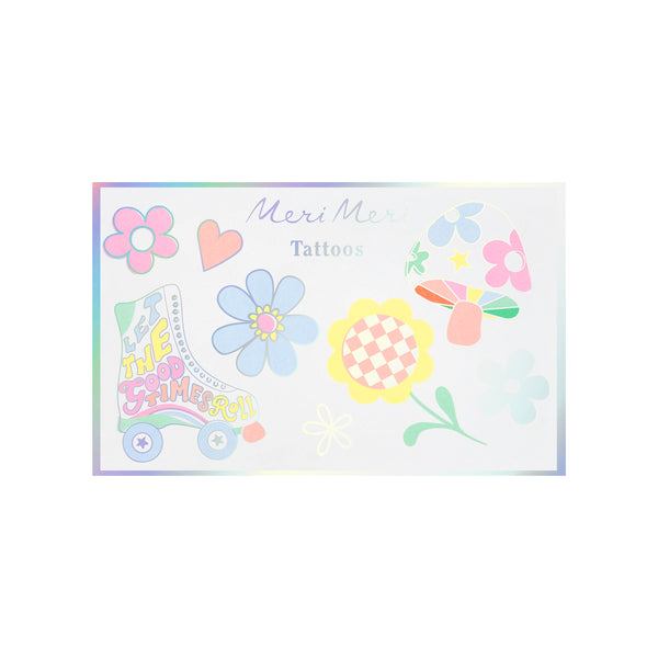 Our temporary tattoo set features 18 designs in groovy colors, perfect as party bag gifts for a 70s party or whenever you want bright fun. Image1