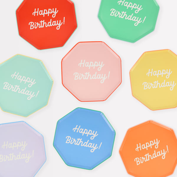 The octagonal design, and bright colors, of our birthday plates make these the perfect side plates for a birthday celebration.