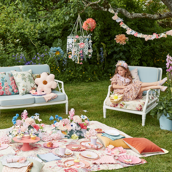 Our beautiful paper chandelier is crafted from paper flowers and leaves and wooden hoops. Image3