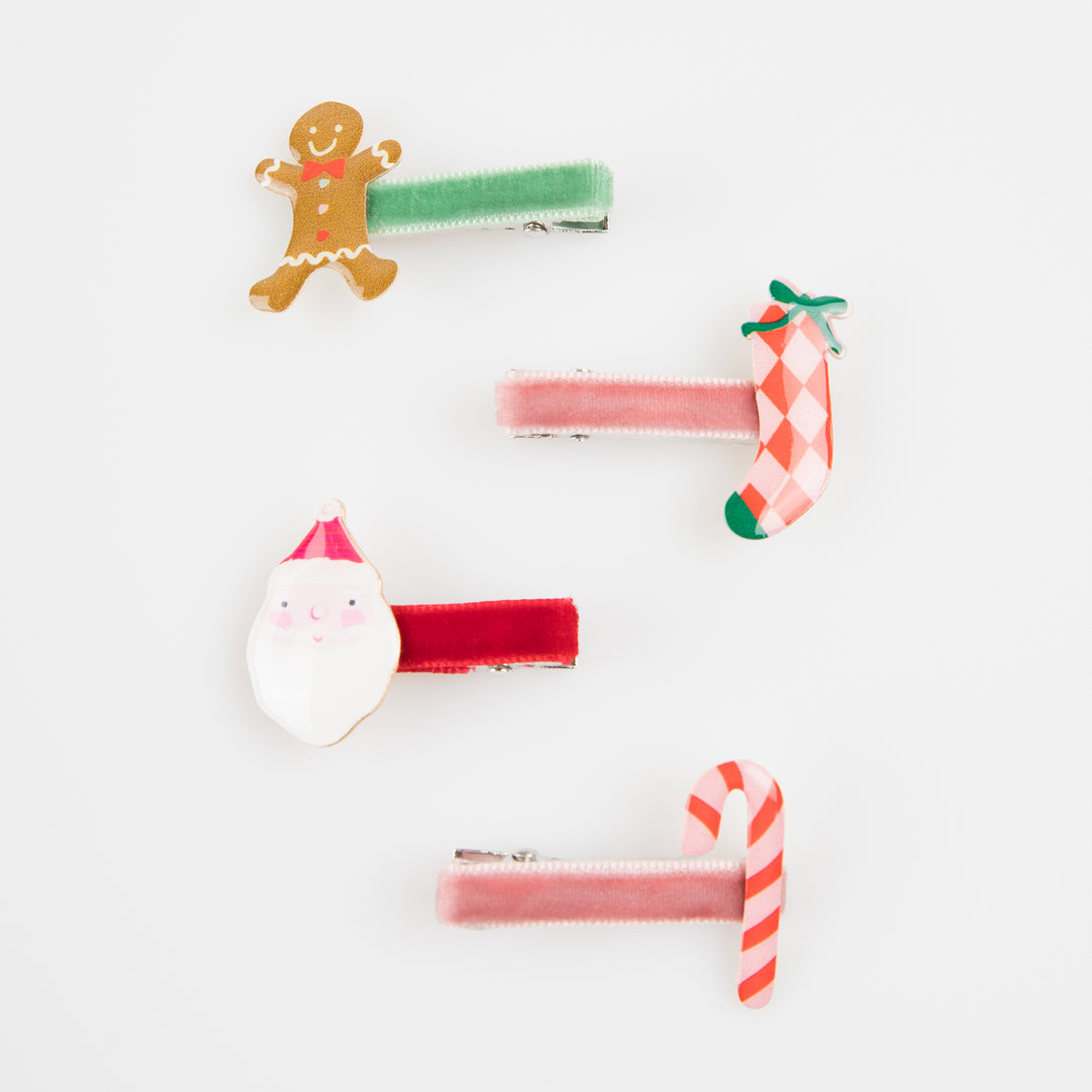 Make your Christmas hairstyles look amazing with our special hair clips featuring Christmas icons, made in enamel, with velvet ribbons.