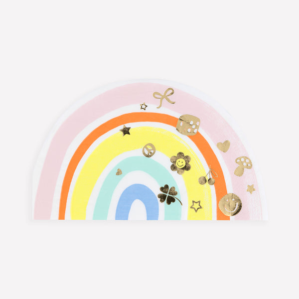 Our paper napkins are made in a magical rainbow shape with sparkling gold foil charm designs, ideal for a rainbow party or unicorn party. Image1