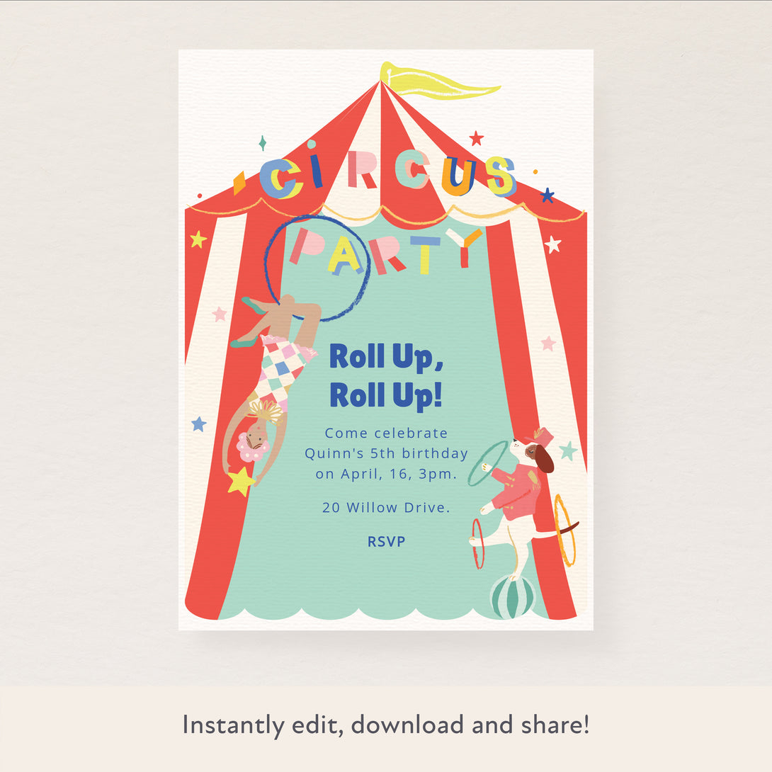 Our circus digital party invitation features a juggling dog, simply personalize it to make it perfect for your circus party.