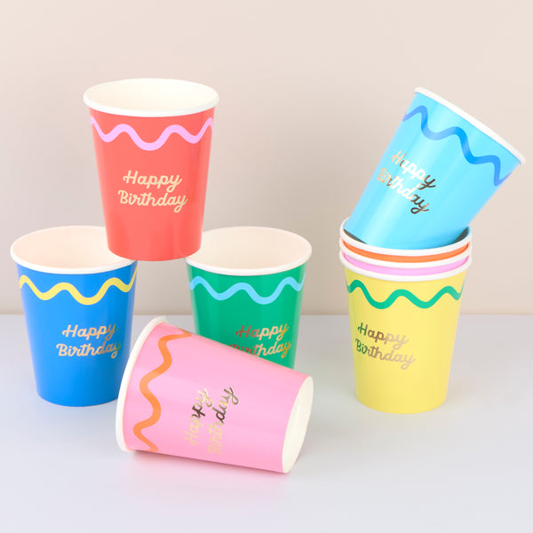 Our birthday party cups are created in eight bright colorways with a shiny gold foil Happy Birthday message, suitable for hot and cold drinks. Image1