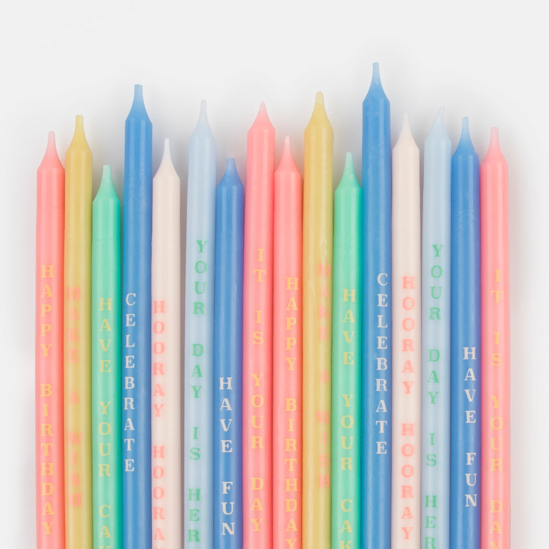 Make your birthday cake look amazing with our special birthday cake candles in bright colors with fun message.