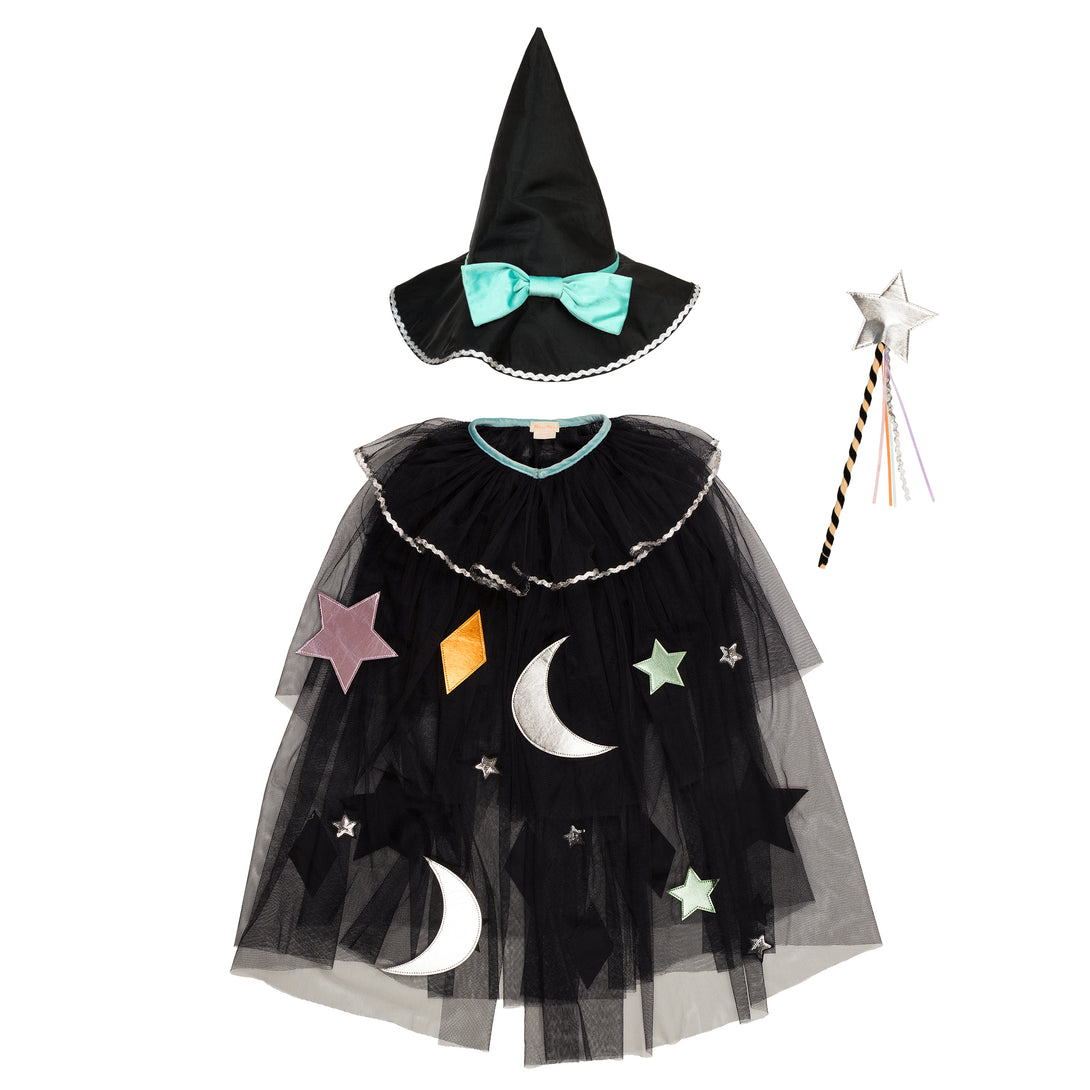 Our luxury witch costume set includes a tulle cape, an witch hat with a velvet bow and a colorful ribbon wand with a silver sequin star.