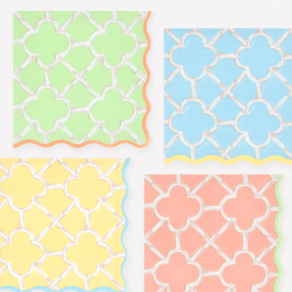 Our large napkins, made from 3-ply paper, come in four bright colors with a sensational bamboo design, perfect for birthdays and picnics. Image1
