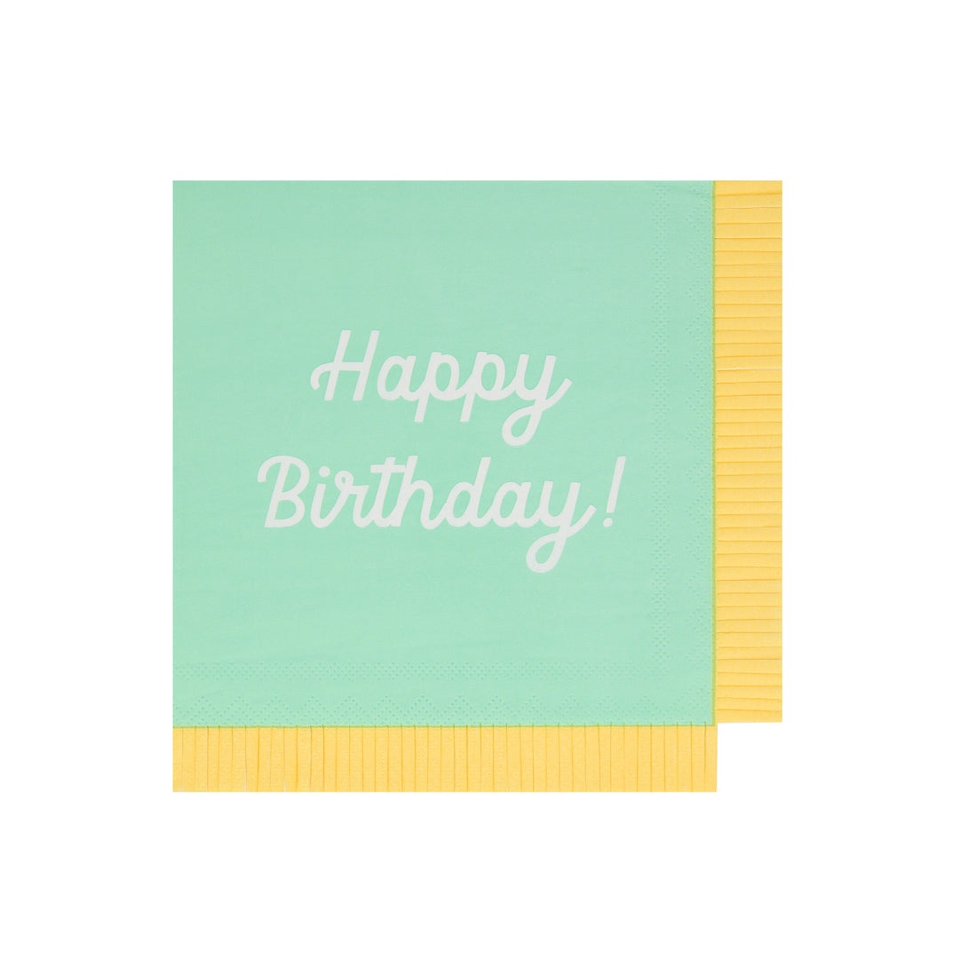 Our paper birthday napkins are made in bright colors with the words Happy Birthday on them.